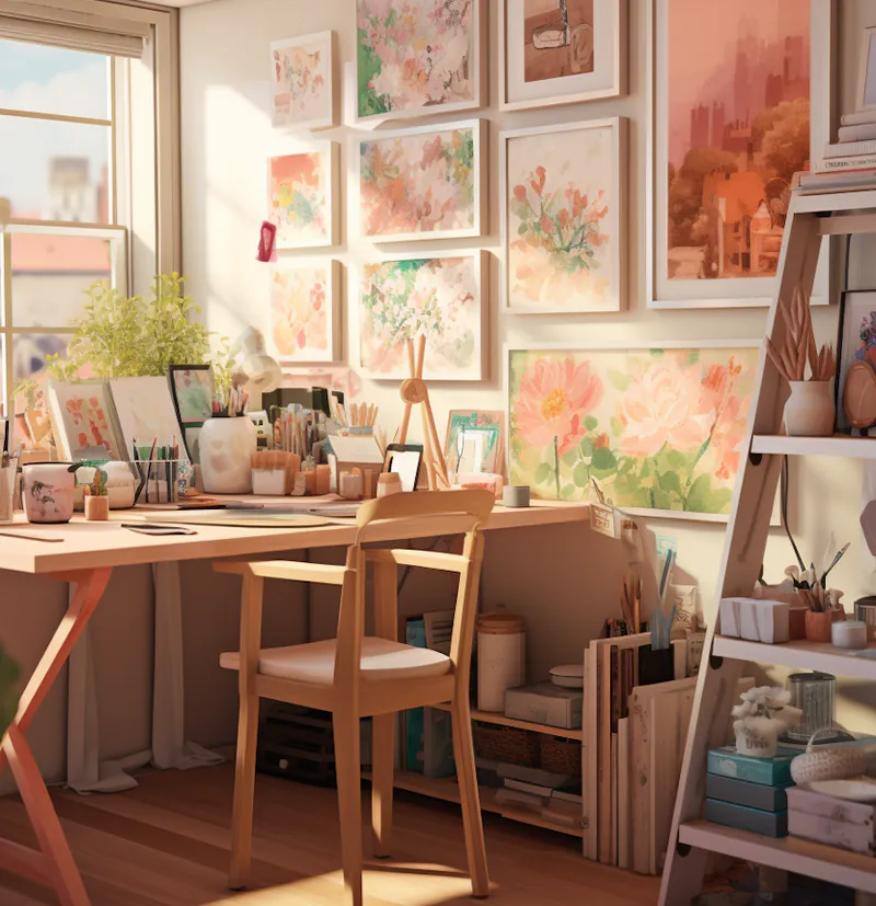 A sunlit artist's studio with a wooden desk, framed floral paintings and a ladder shelf