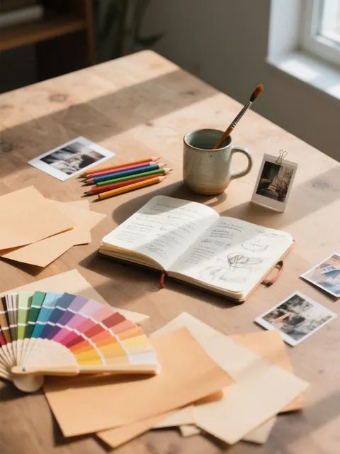 UI/UX design sketches, colour swatches and pencils on a designer's desk