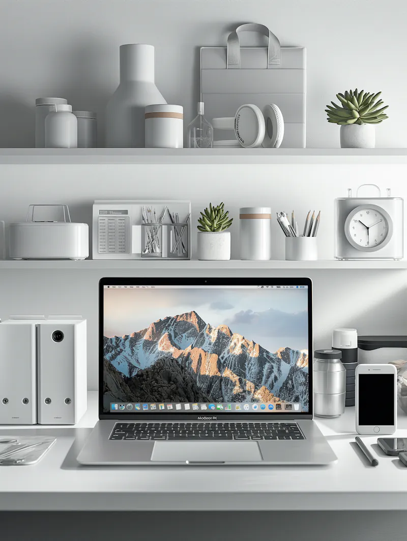 A bright white workspace with a laptop on a desk beneath shelves of minimal objects