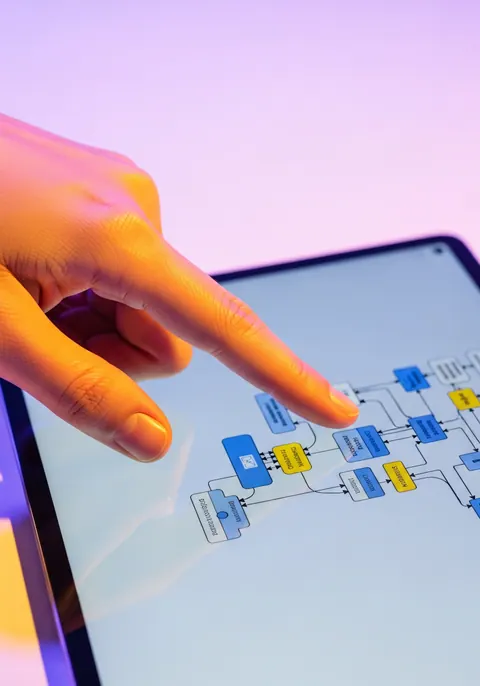 A finger interacting with a flow diagram on a touchscreen